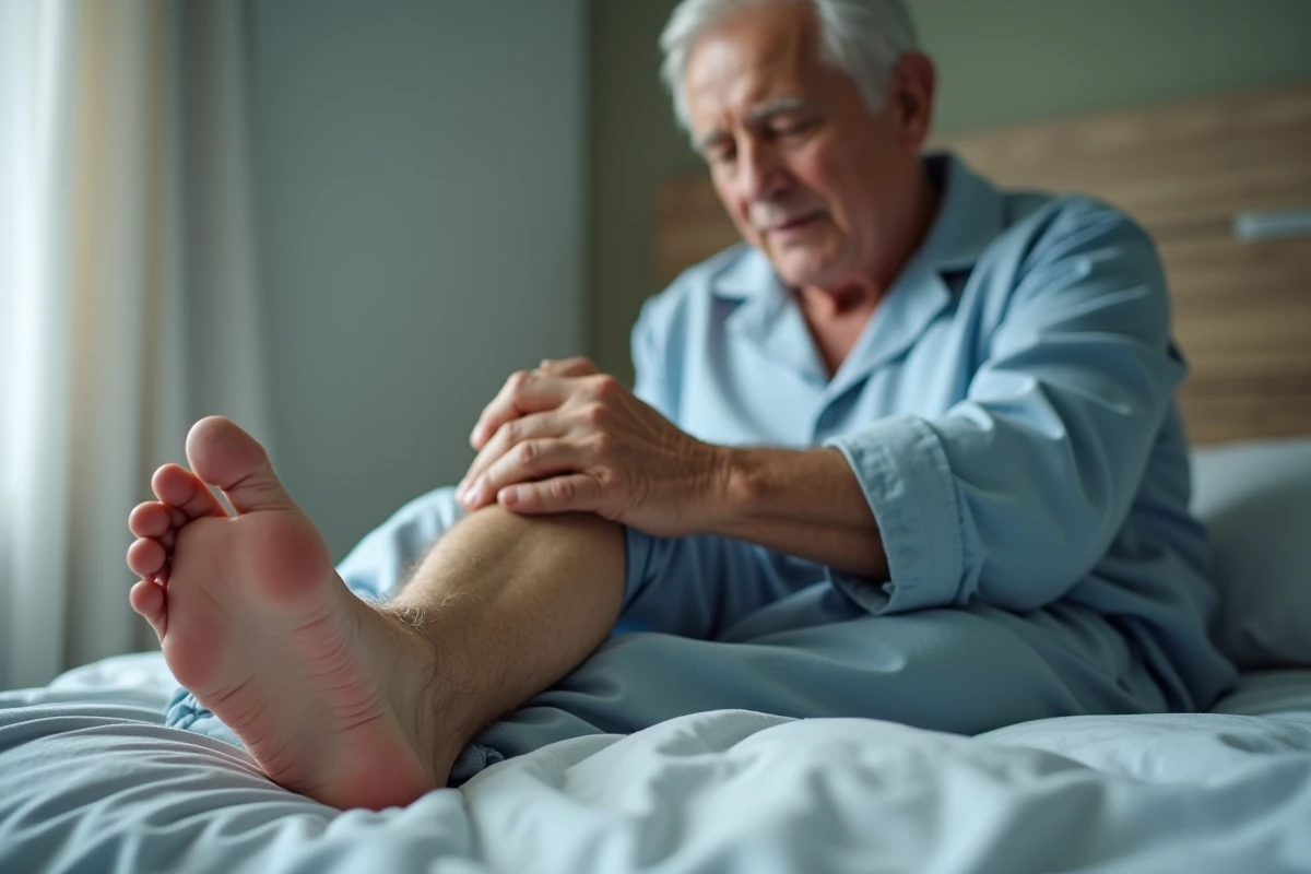 Homme âgé regardant son pied avec souci