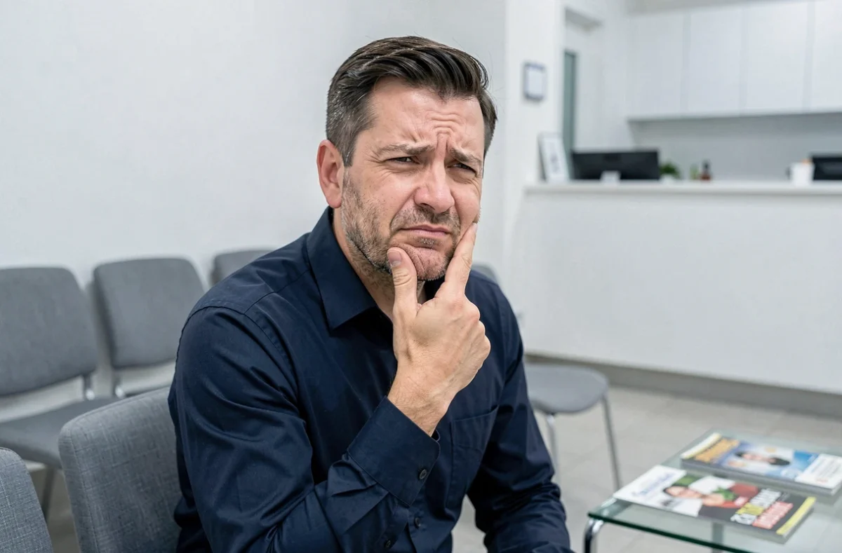 Homme dans une salle d'attente dentaire tenant sa joue en raison d'une douleur dentaire