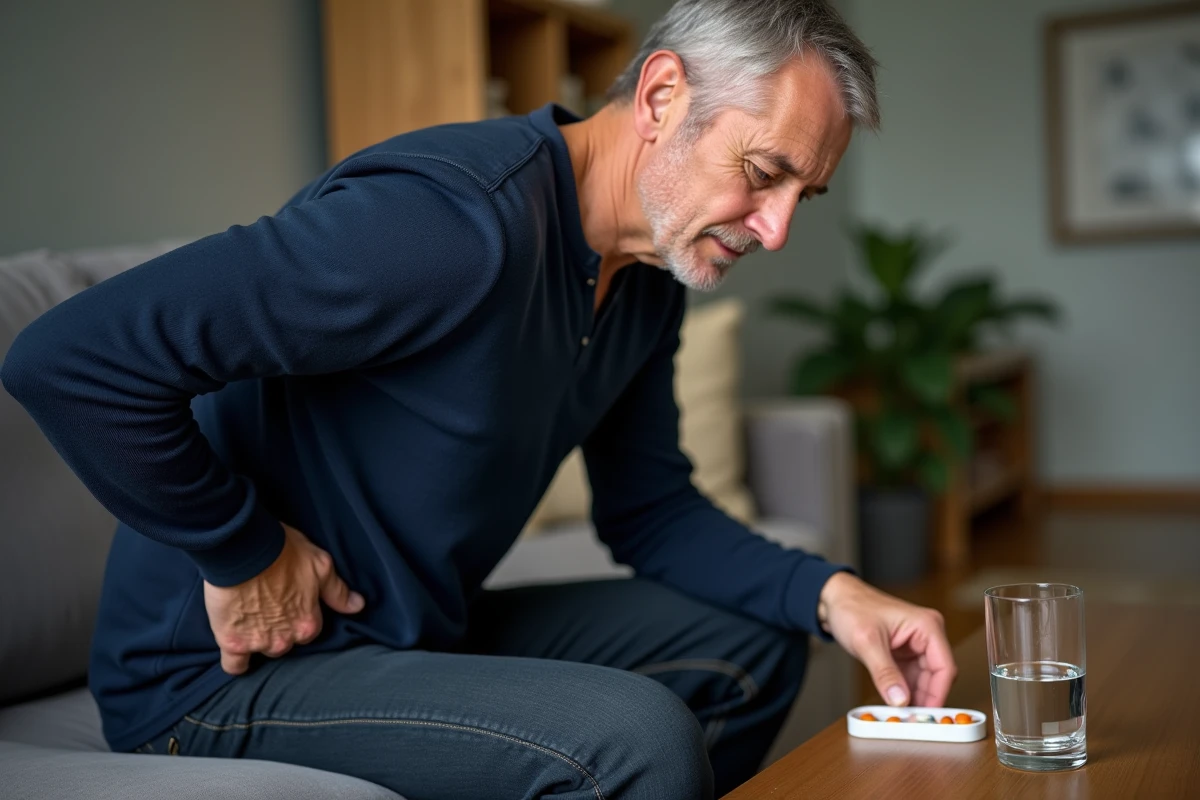 Homme d'âge mûr souffrant de douleurs dorsales tendant la main vers un pilulier et un verre d'eau sur une table basse