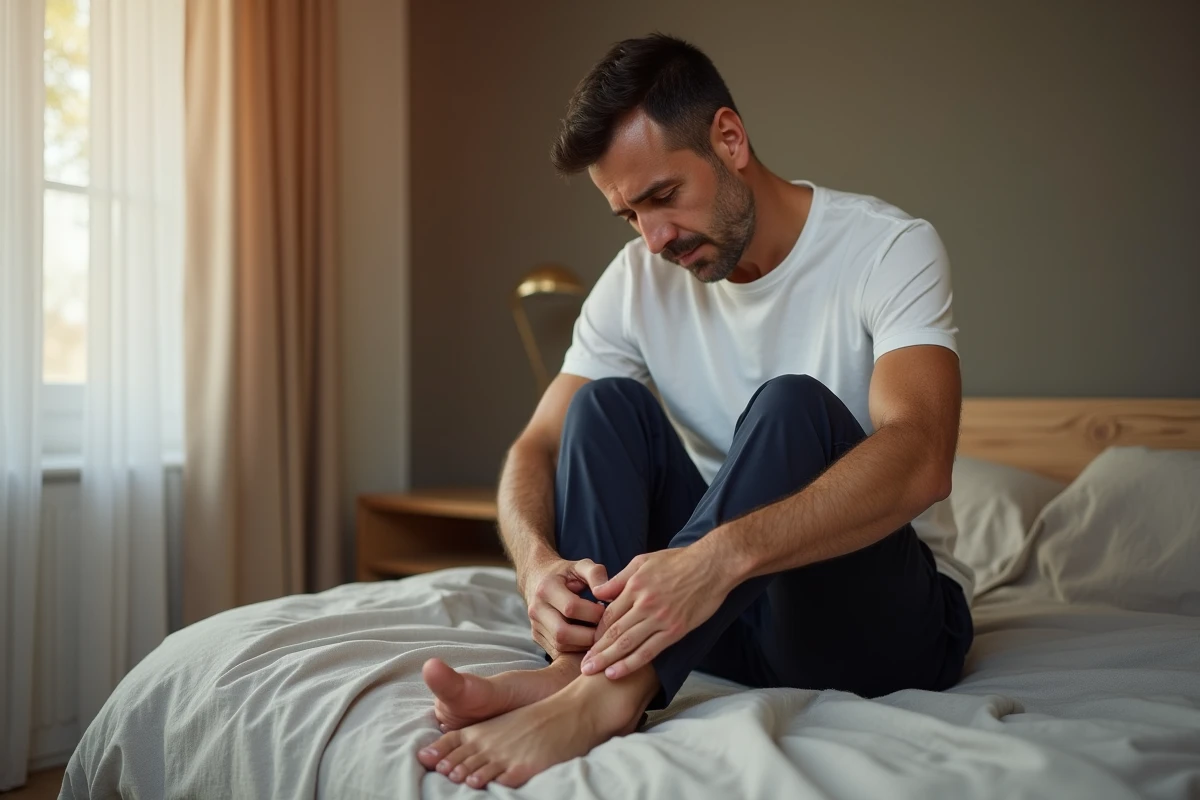 Homme assis au bord d'un lit massant le dessus de son pied gauche, représentant une douleur au haut du pied dans un cadre domestique intimiste