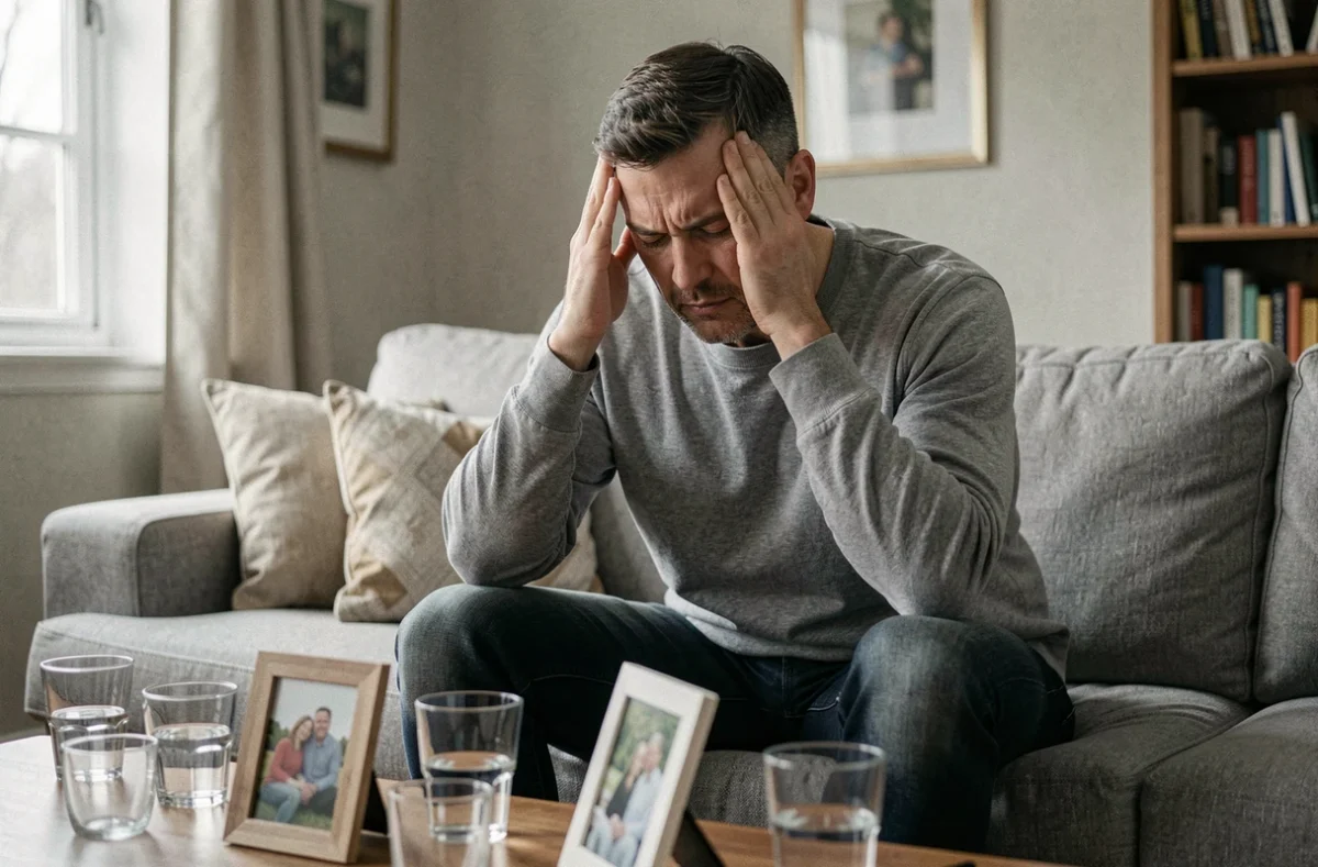 Homme épuisé seul sur un canapé après une réunion de famille, représentant l'impact émotionnel des relations toxiques en famille