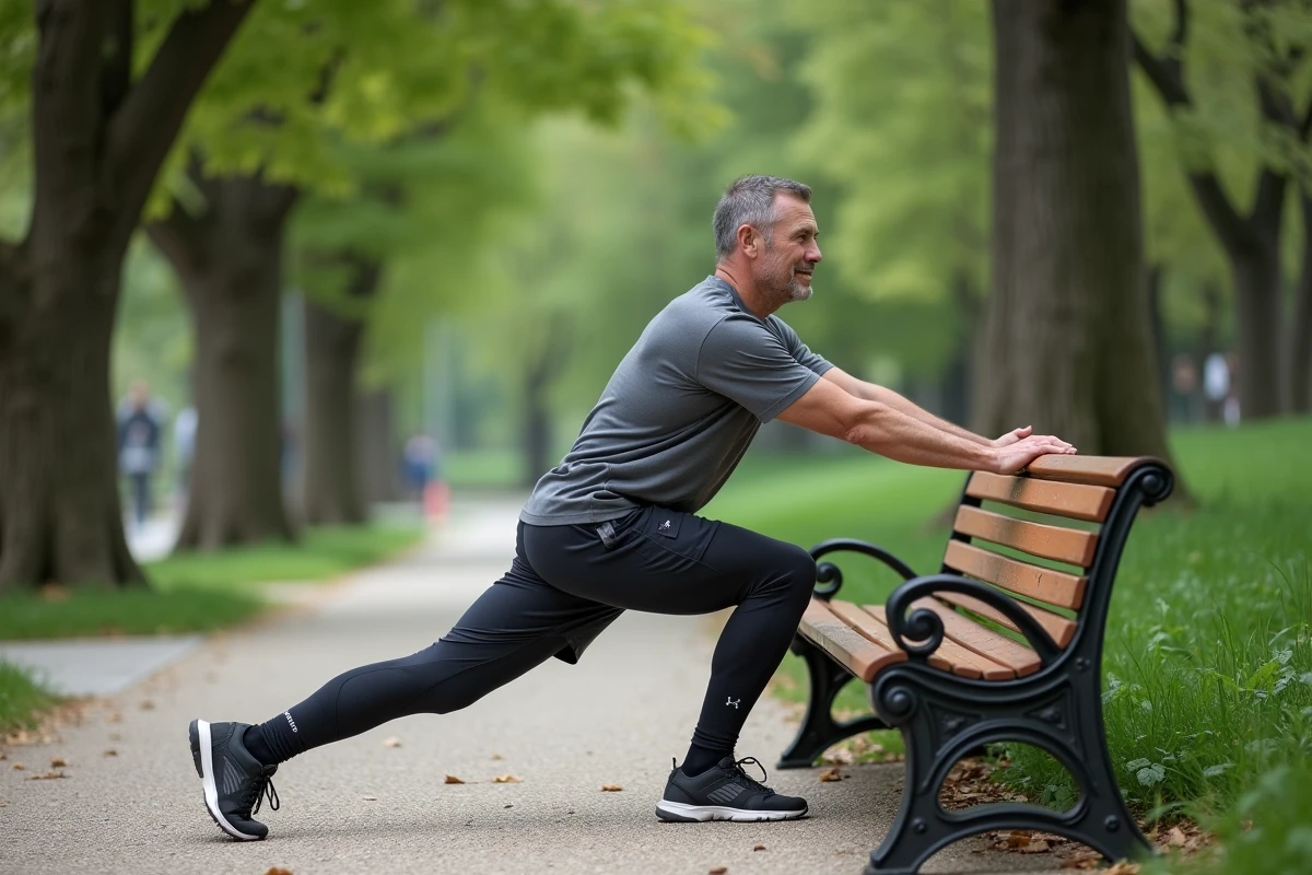 Homme faisant un étirement dans un parc urbain
