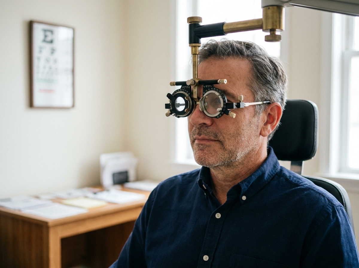 Homme d'âge mûr passant un examen de la vue chez un opticien avec un phoroptère