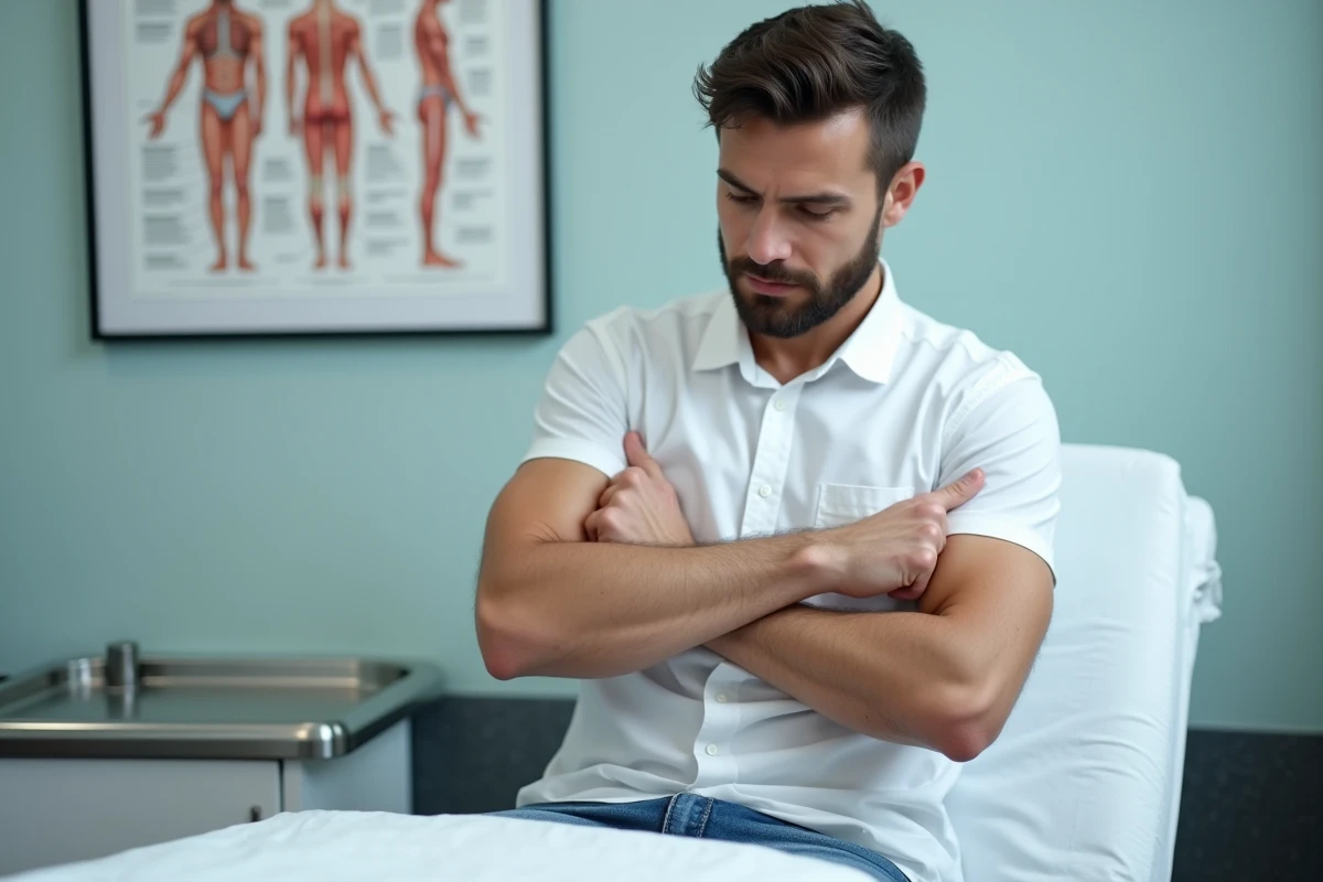 Homme palpant une grosseur sous l'aisselle lors d'un examen médical