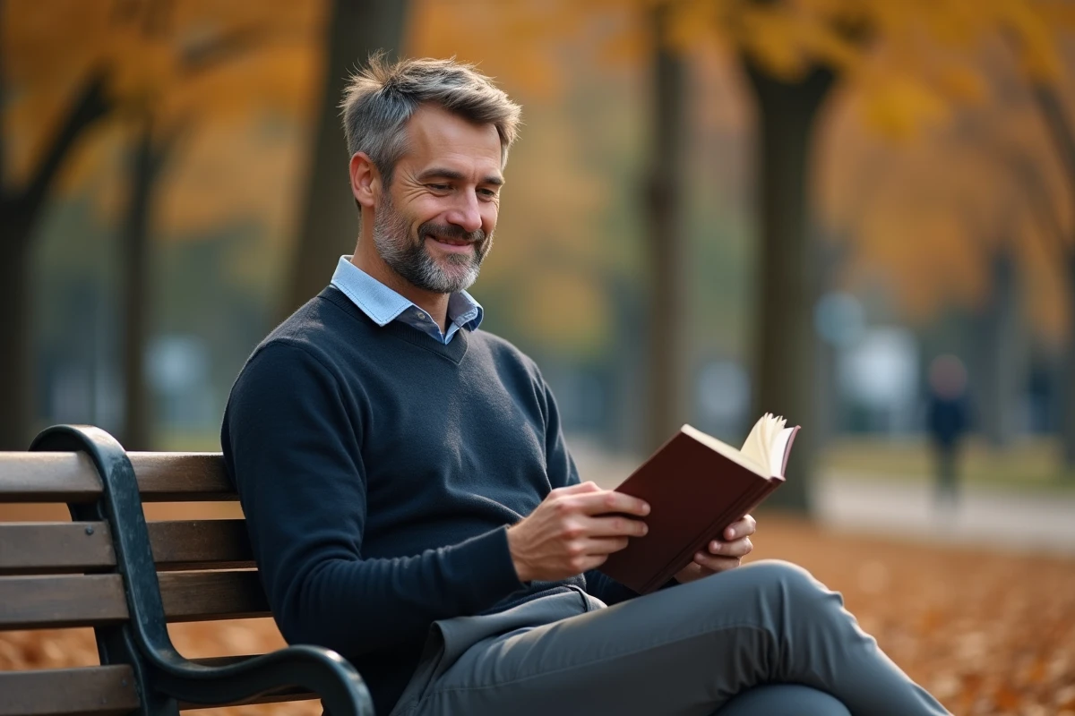 Homme lisant un livre sur un banc dans un parc en automne, symbolisant une positivité simple et accessible loin des discours idéalisés