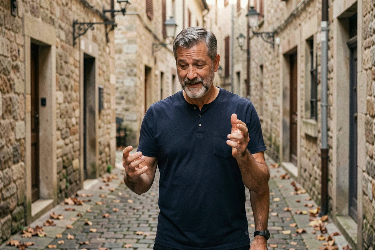 Homme examinant sa main droite dans une ruelle pavée en automne, illustrant la superstition de la main qui gratte et les présages populaires