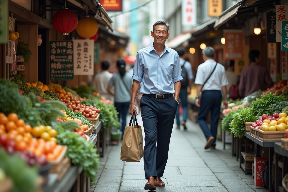Homme japonais marche dans un marché avec des produits frais