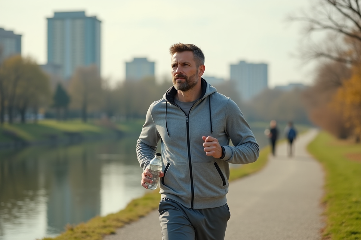 Homme d age moyen marche vite au bord de la rivière