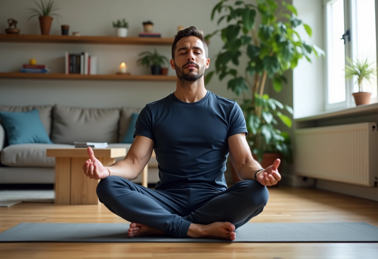 Homme méditant assis en tailleur dans un salon lumineux