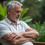 Homme d'âge moyen examinant une tache sur son bras dans un jardin