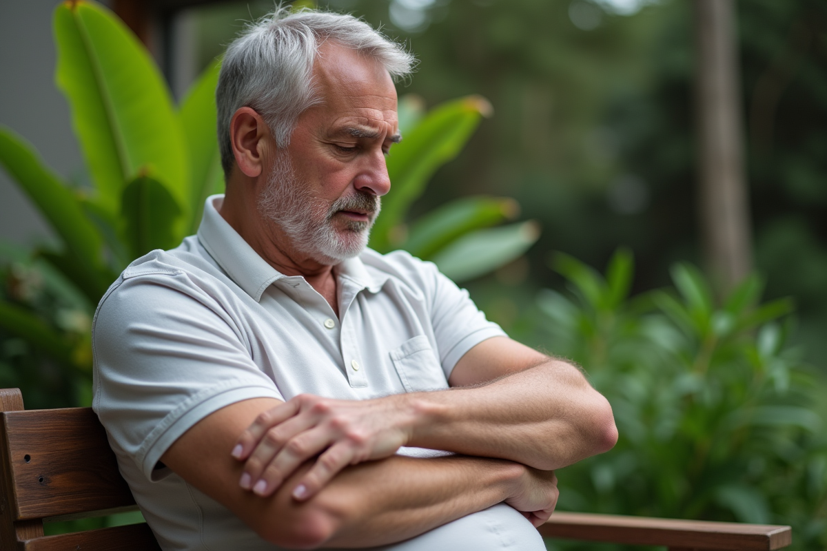 Homme d'âge moyen examinant une tache sur son bras dans un jardin