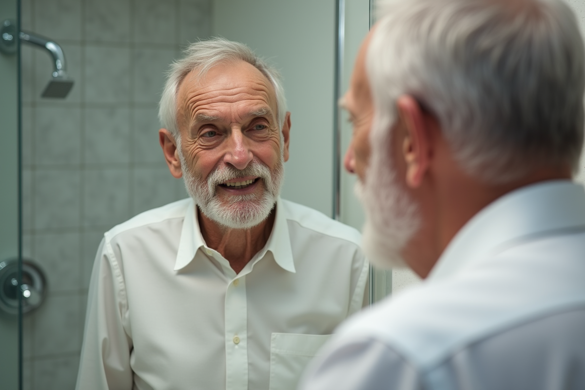 Homme dans la salle de bain examine son visage