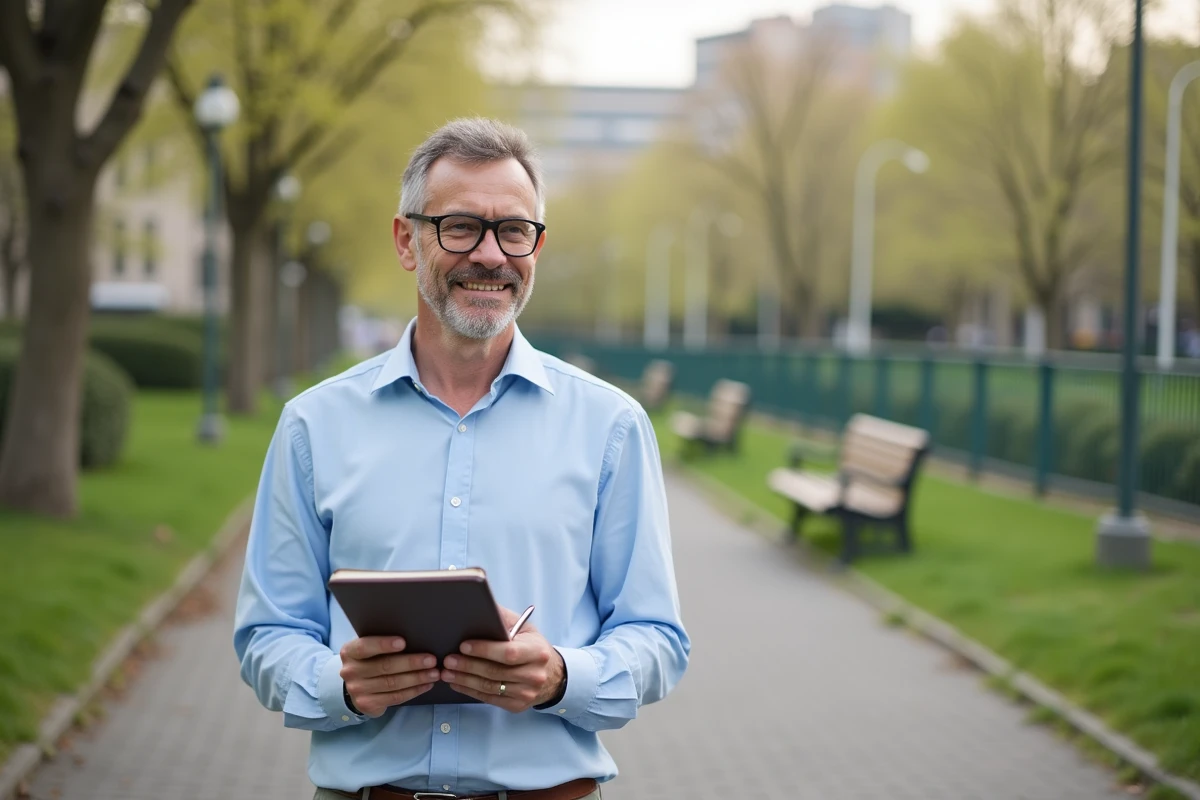 Homme dans un parc tenant un carnet avec un sourire satisfait