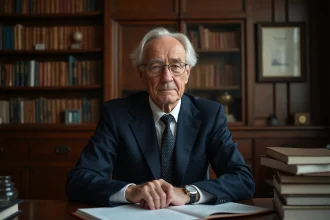 Portrait d'un homme politique français âgé en costume sombre assis à son bureau dans un cadre officiel