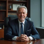 Homme professionnel en costume sombre assis à un bureau en bois dans un bureau institutionnel, expression sereine et réfléchie