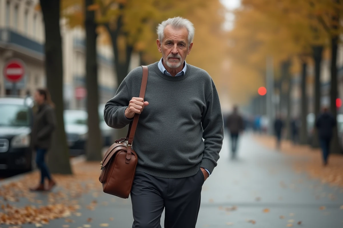 Homme d'âge mûr marchant seul sur un boulevard parisien en automne, air pensif et discret