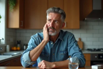 Homme d'âge moyen pensif dans la cuisine avec cigarette