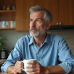 Homme d'âge moyen pensif dans sa cuisine chaleureuse