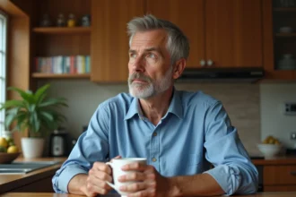 Homme d'âge moyen pensif dans sa cuisine chaleureuse