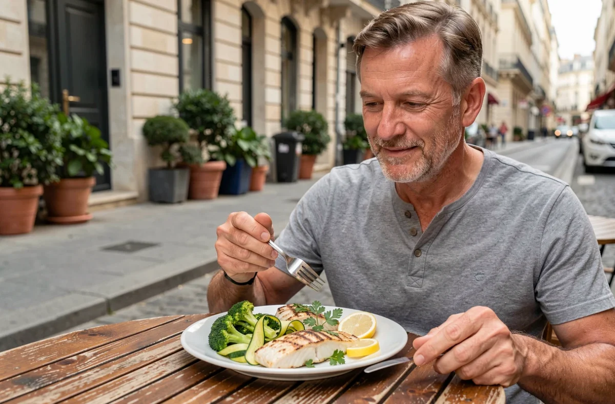 Homme mangeant un repas sain à faible teneur calorique composé de poisson grillé et légumes vapeur en terrasse parisienne