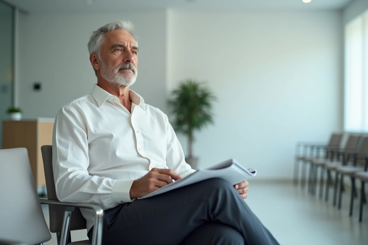 Homme assis dans une salle d'attente de clinique médicale moderne, tenant un journal, expression calme et introspective