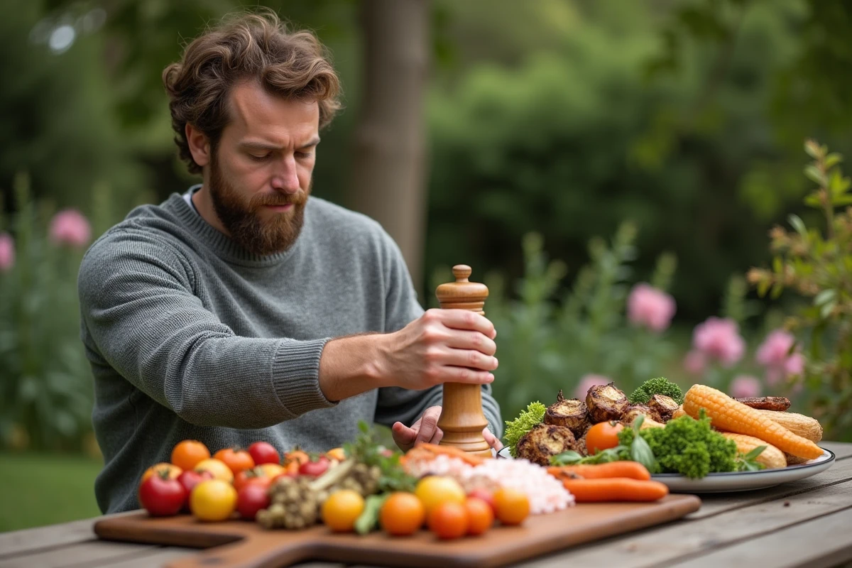 Homme salant des légumes grillés en extérieur