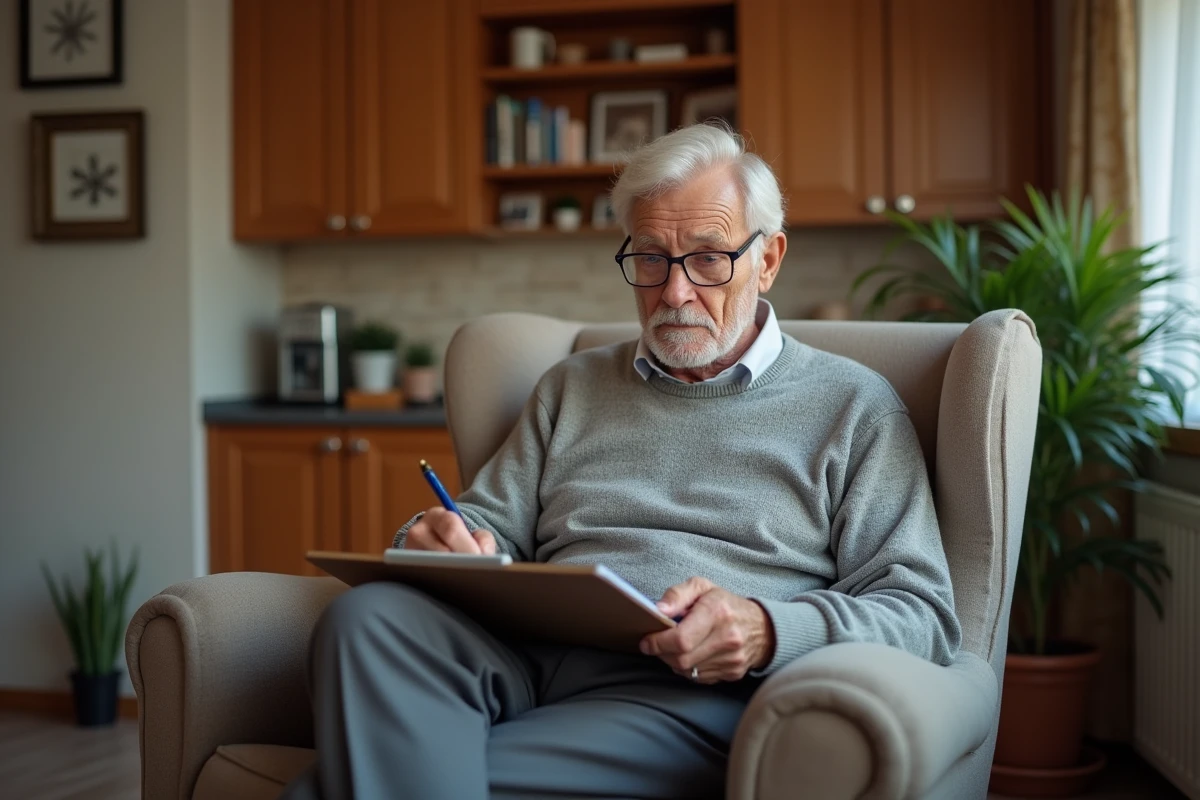 Homme senior remplissant une fiche dans le salon