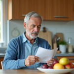 Homme âgé lisant une notice de pharmacie dans la cuisine