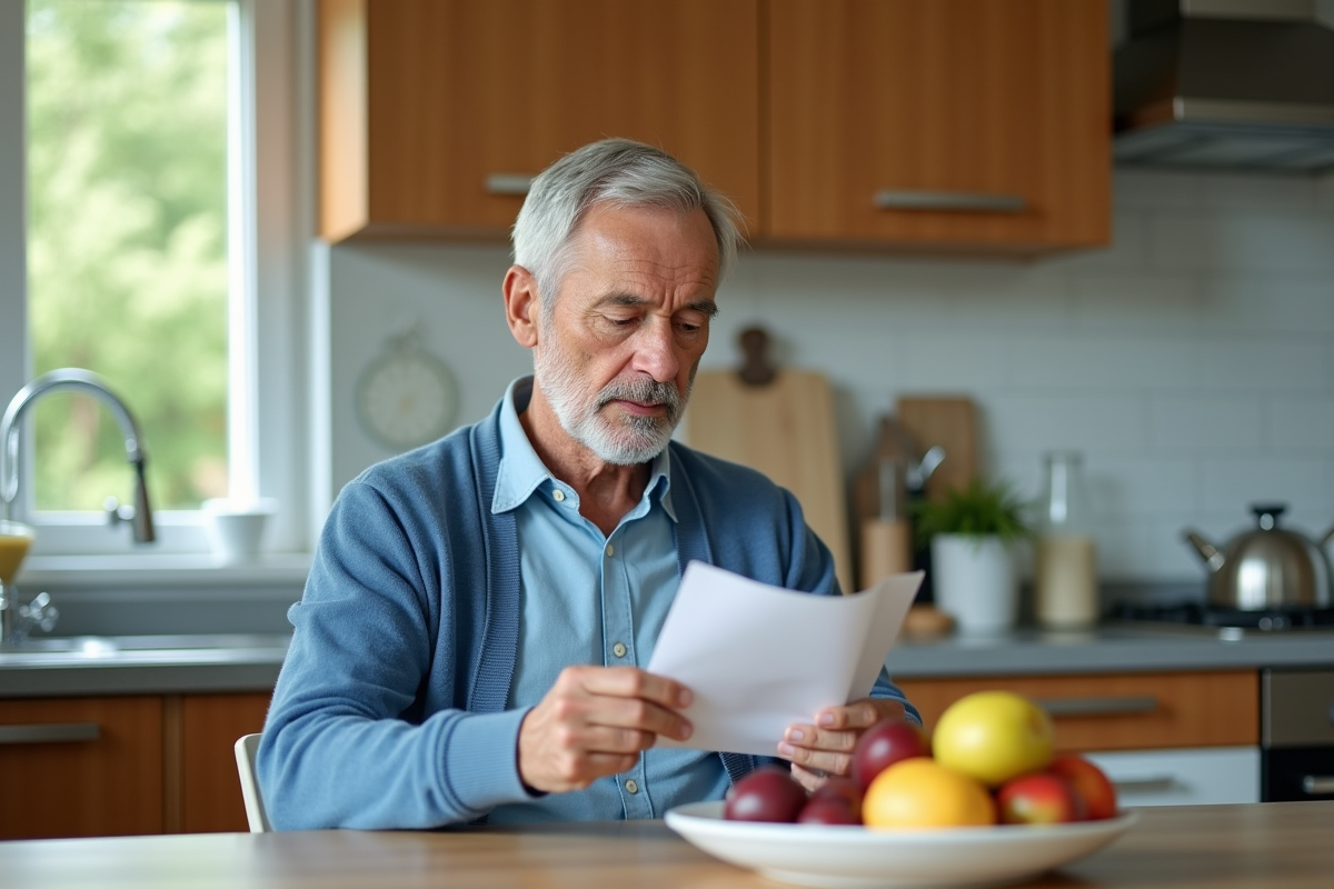 Homme âgé lisant une notice de pharmacie dans la cuisine