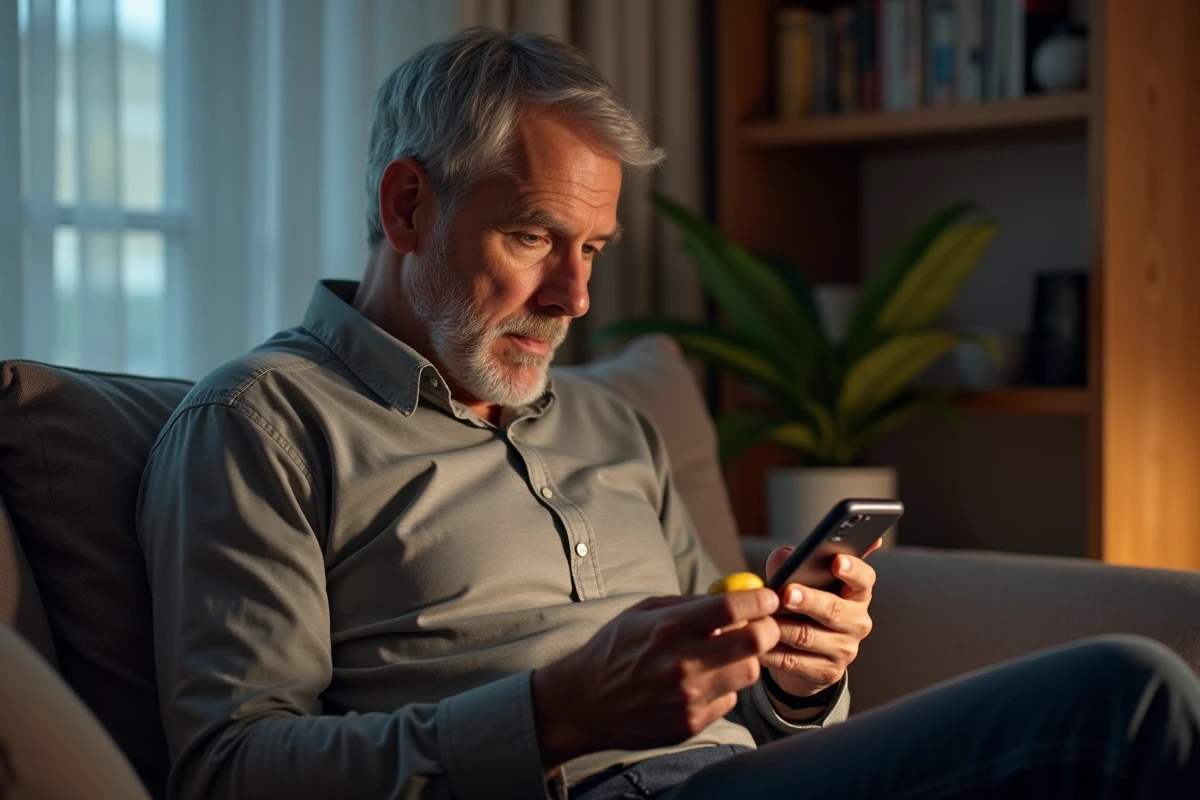 Homme senior assis sur le canapé lisant une application de glucose