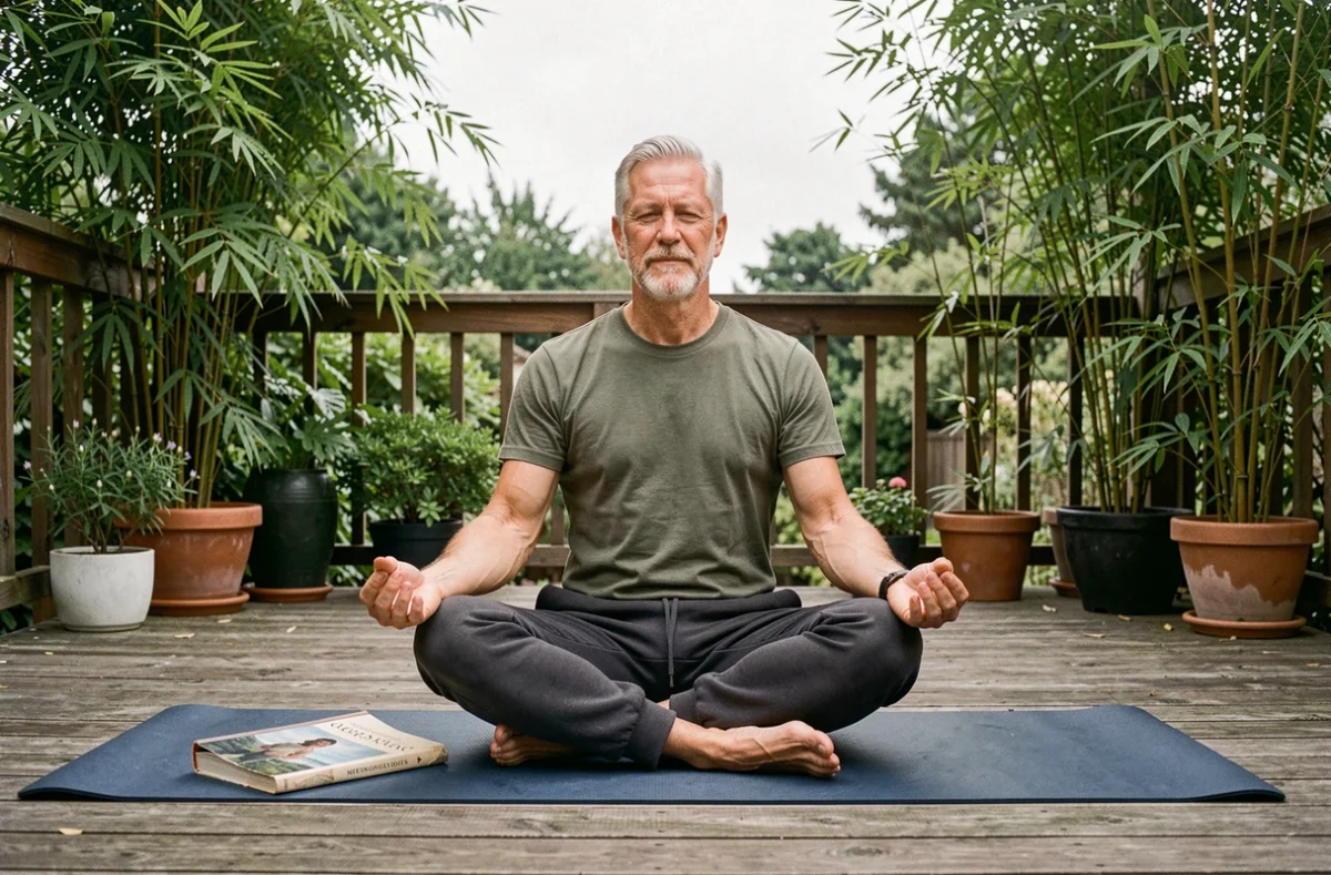Homme en position assise Sukhasana sur une terrasse en bois entourée de verdure, pratique du yoga pour débutants avec un guide de postures