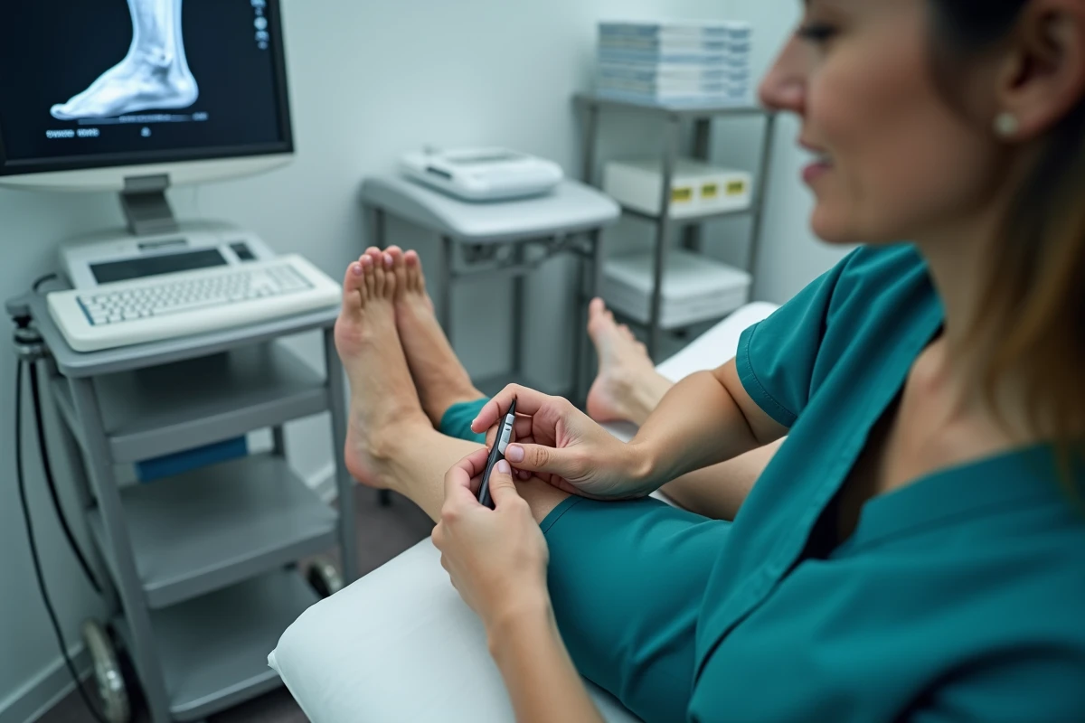 Kinésithérapeute réalisant une infiltration guidée par échographie sur le talon d'un patient pour traiter une épine calcanéenne