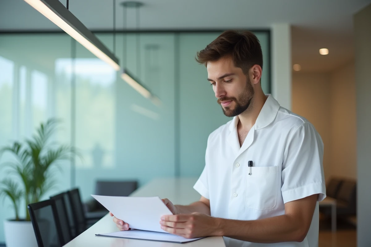 Infirmier en tunique blanche vérifiant des papiers à la réception