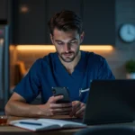 Jeune infirmier en blouse bleue vérifiant son téléphone la nuit