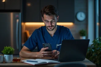 Jeune infirmier en blouse bleue vérifiant son téléphone la nuit