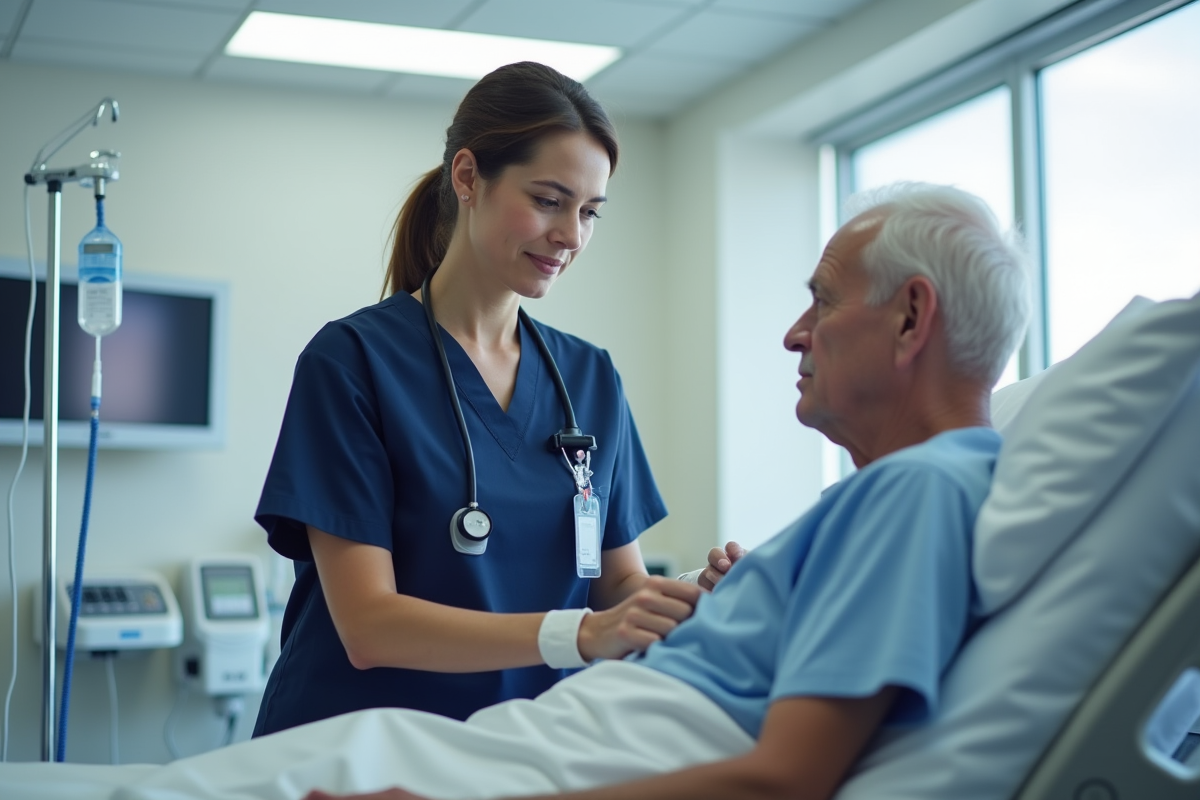 Infirmière en blouse ajustant une perfusion à un patient âgé