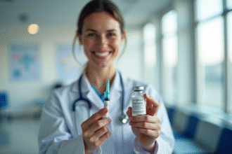 Infirmière souriante tenant un vaccin et une seringue en clinique