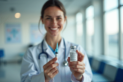 Infirmière souriante tenant un vaccin et une seringue en clinique