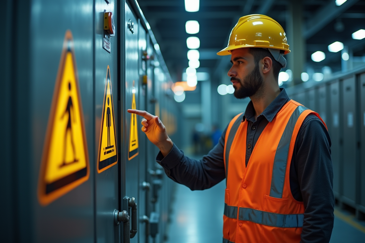 Ouvrier industriel vérifiant panneaux de sécurité en usine