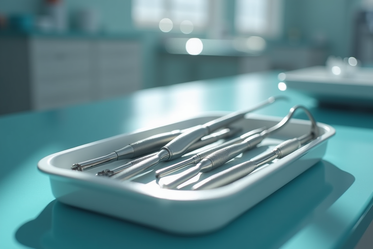 Instruments dentaires alignes sur un plateau dans une clinique lumineuse