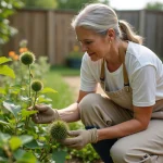 Femme jardiniére examinant prudemment une coloquinte toxique dans un jardin familial sécurisé