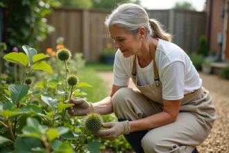 Femme jardiniére examinant prudemment une coloquinte toxique dans un jardin familial sécurisé