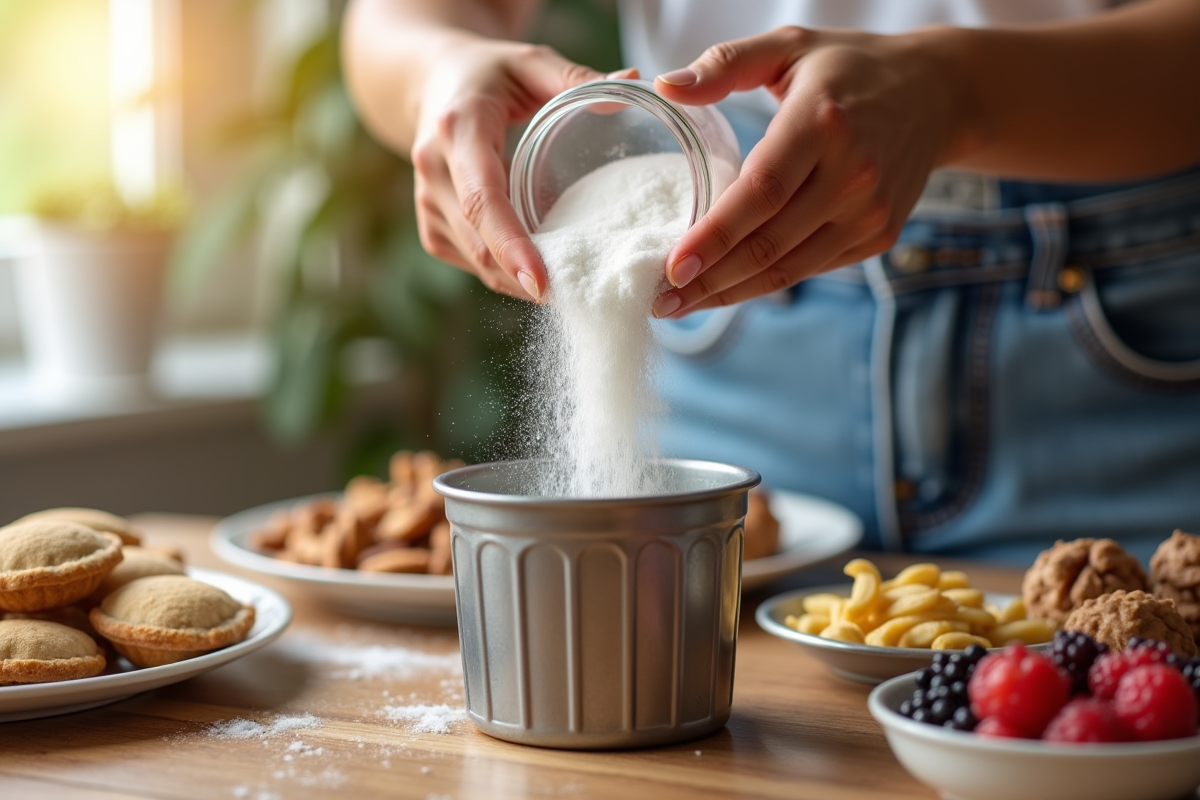 Mains versant du sucre dans une poubelle avec snacks sains