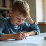 Jeune adulte réalisant un test ADHD sur papier dans un bureau lumineux
