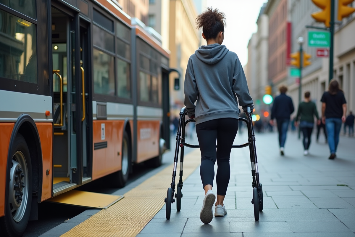 Jeune femme utilisant un déambulateur pour entrer dans un bus urbain