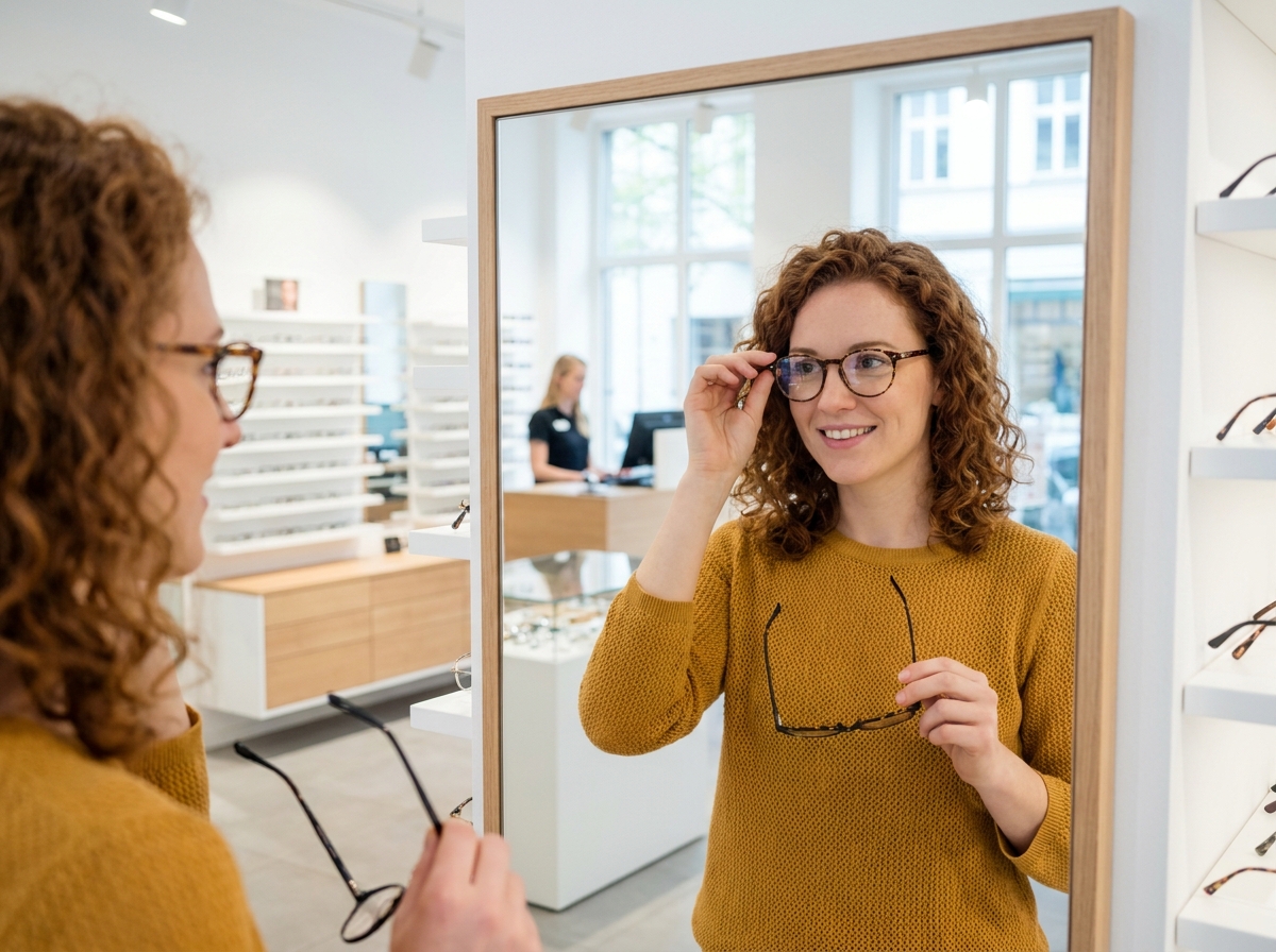 Jeune femme comparant deux paires de lunettes devant un miroir dans un magasin d'optique moderne
