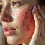 Jeune femme touchant son visage avec eczema visible sur la joue