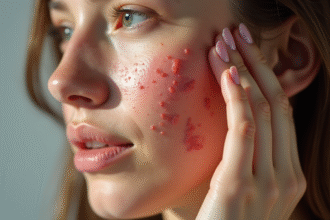 Jeune femme touchant son visage avec eczema visible sur la joue