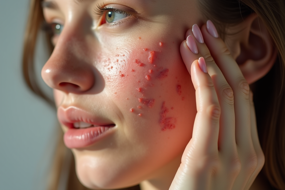 Jeune femme touchant son visage avec eczema visible sur la joue