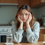 Jeune femme assise à la cuisine avec expression fatiguée